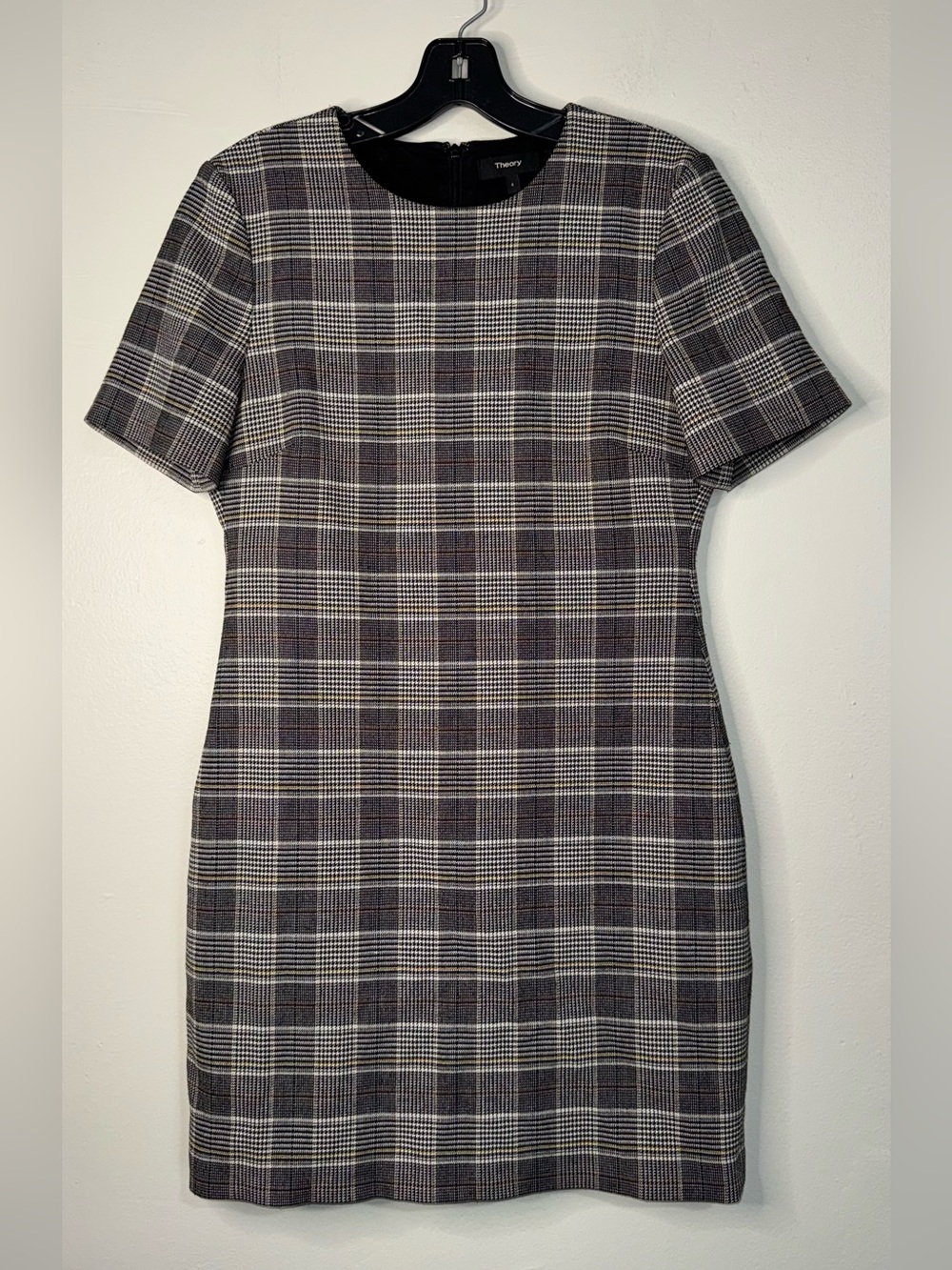 Theory Plaid Short-Sleeve Mini Dress in Black, White and Gray